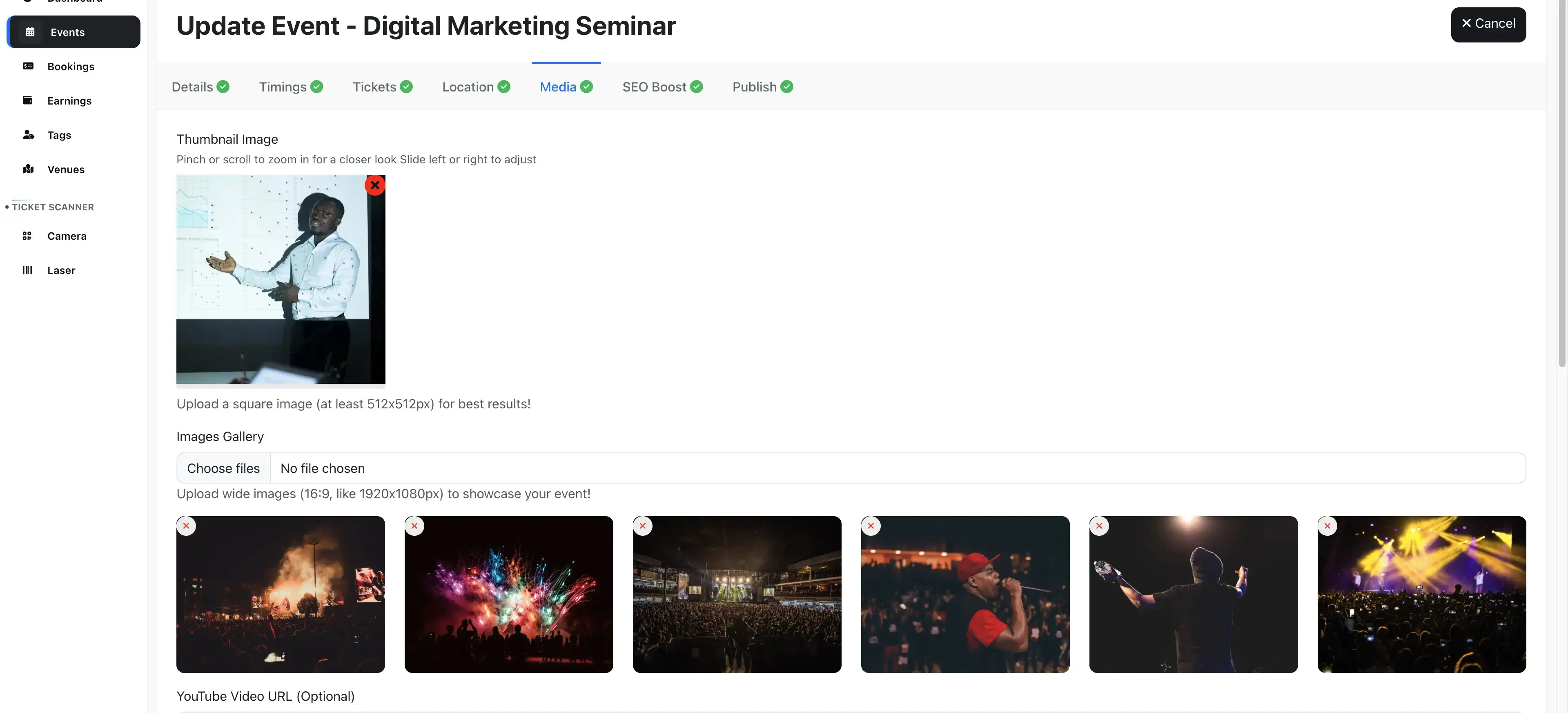 Upload Event cover images & youtube video URL