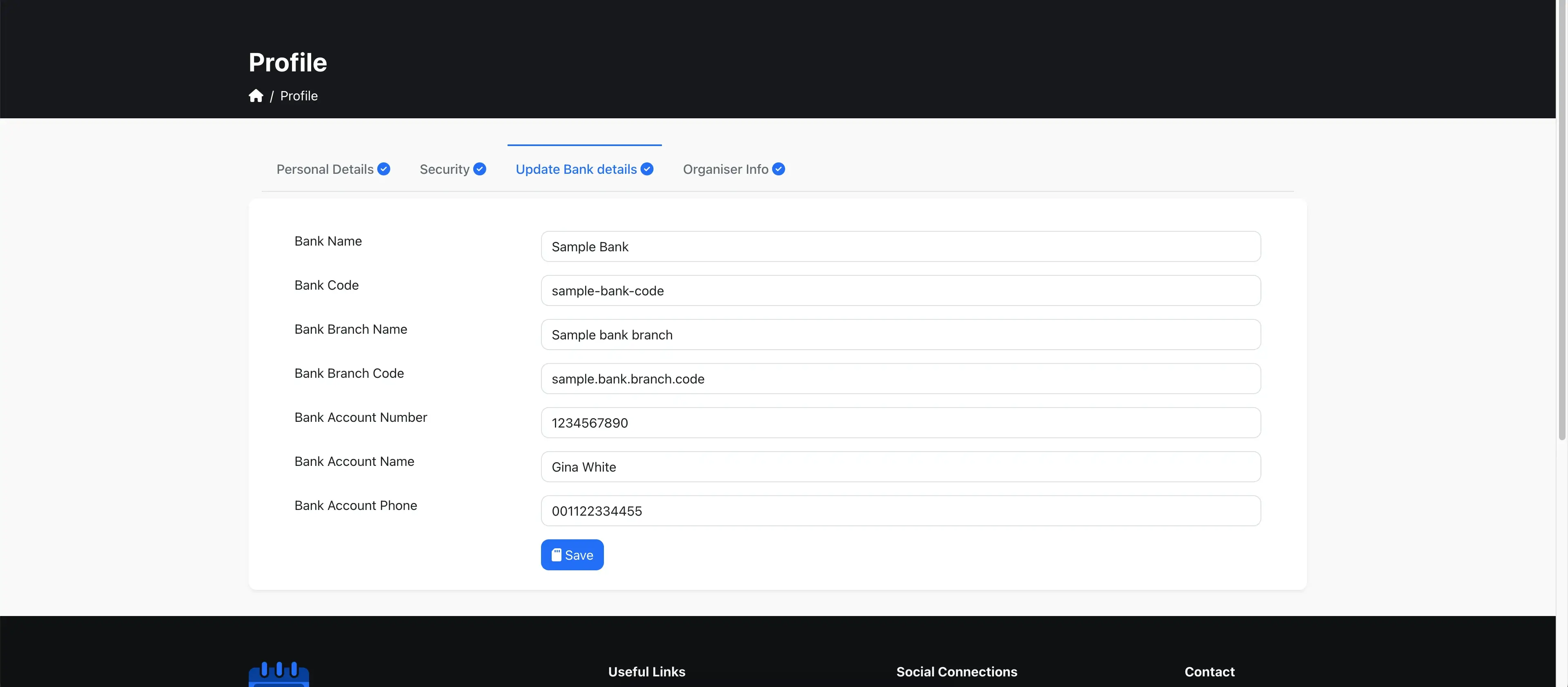 Organizer bank details Organizer bank details